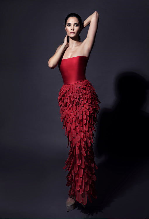 Blood red cocktail dress in silk scuba with cocoon skirt fully layered in handcrafted plumes