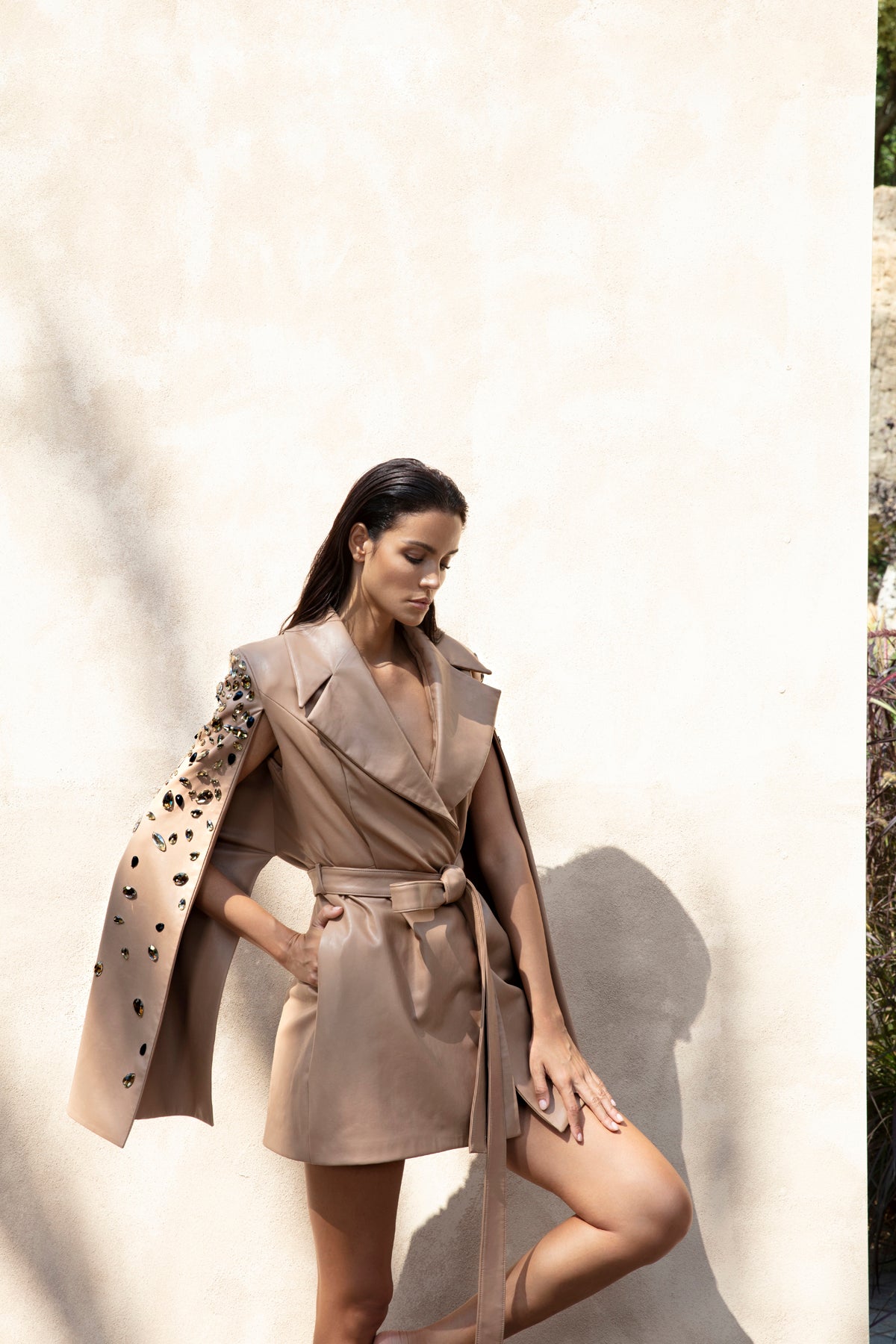 Beige cape coat with embroidered sleeve cape