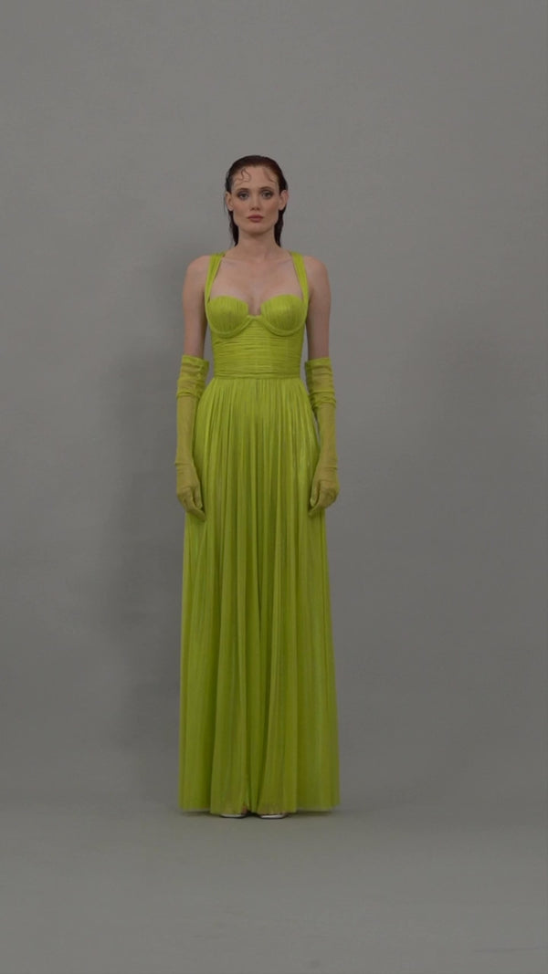 Lime green draped dress in silk foiled tulle with gloves