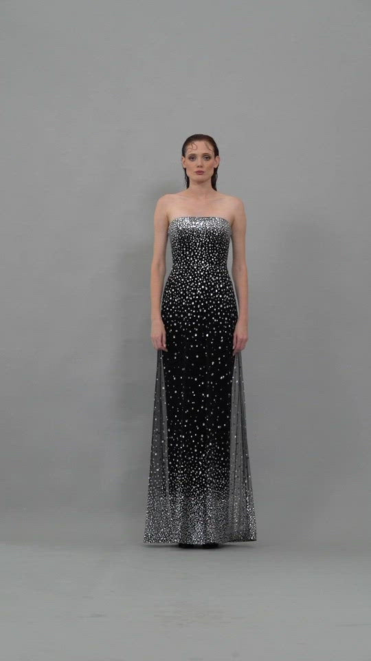 Strapless black crêpe dress fully embroidered with silver crystals