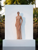 One shoulder nude tulle draped dress