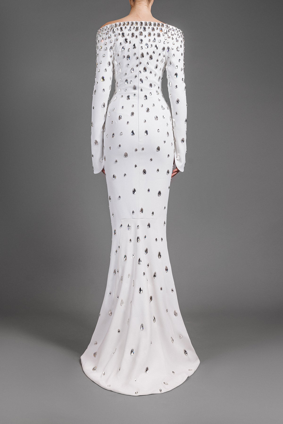 Crystal embroidered white off the shoulders crêpe dress