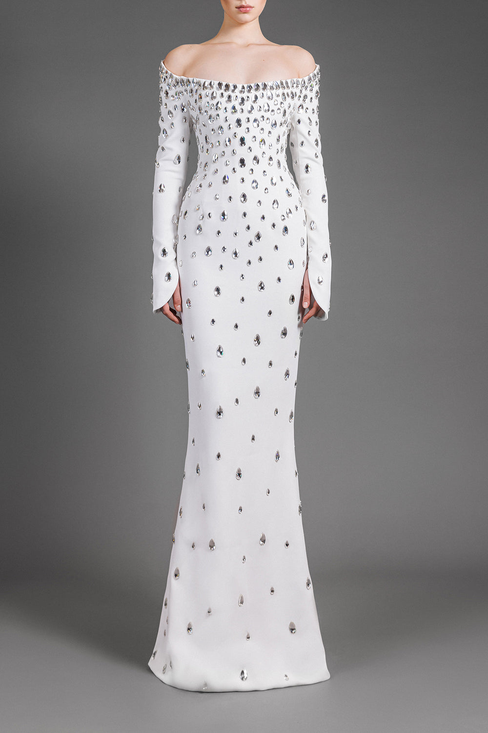 White off the shoulders crêpe dress embroidered with crystals