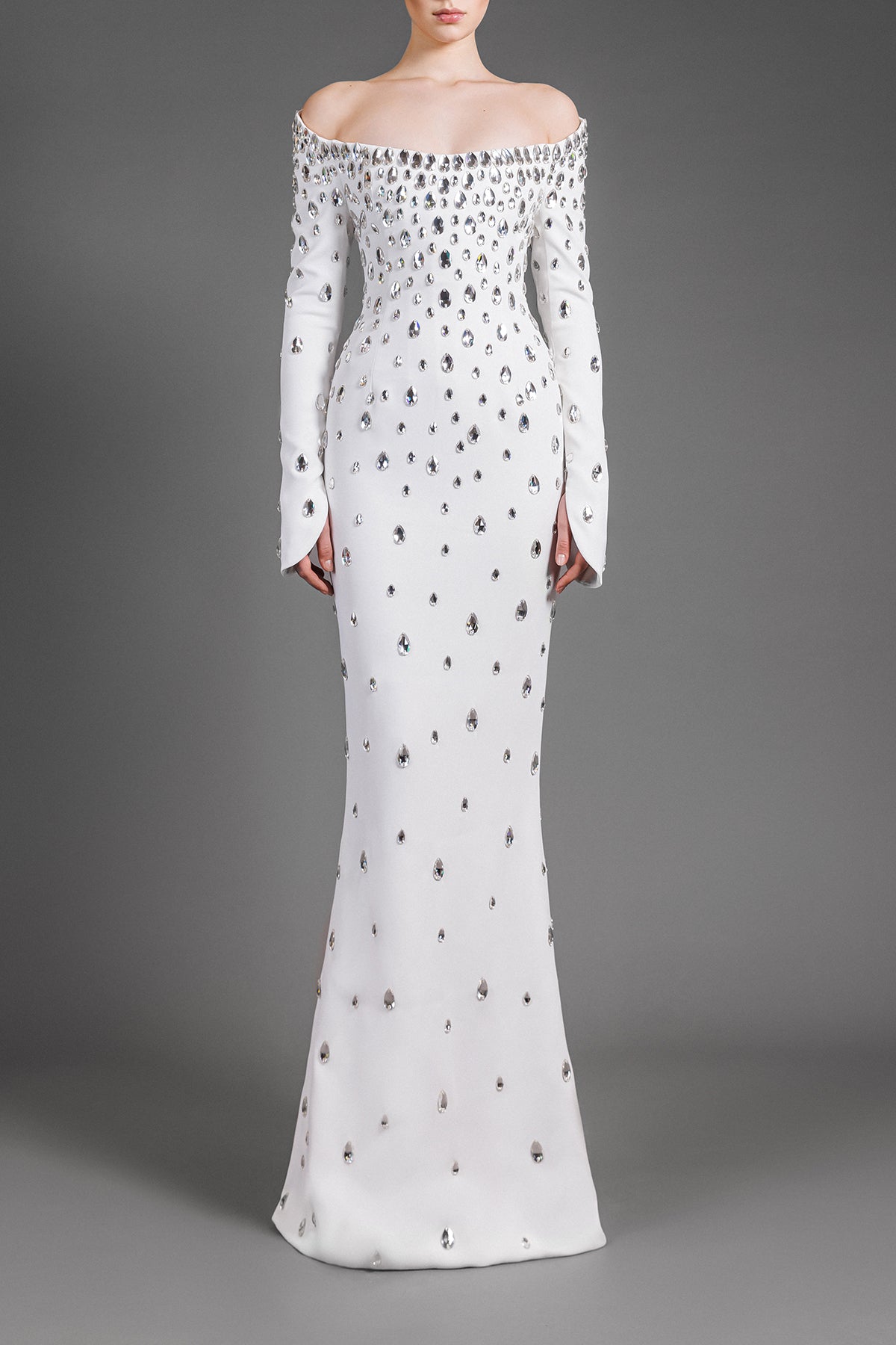 White off the shoulders crêpe dress embroidered with crystals