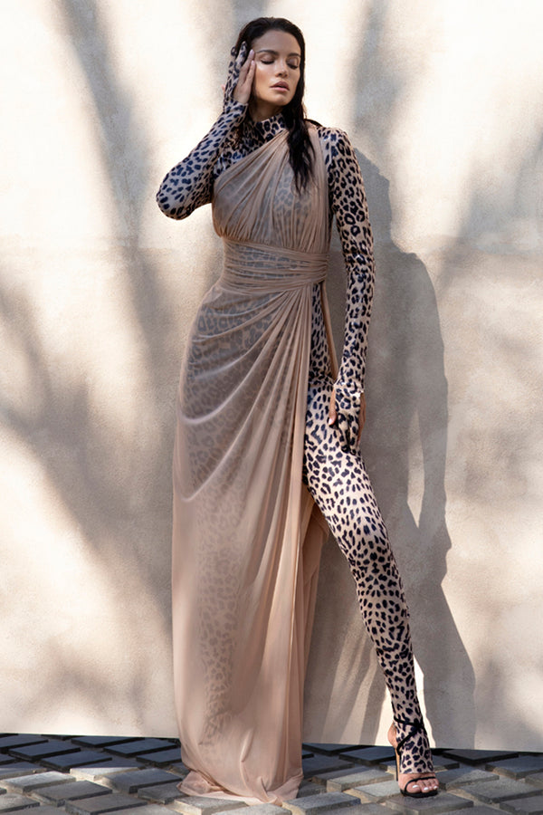 Nude tulle draped dress with leopard catsuit