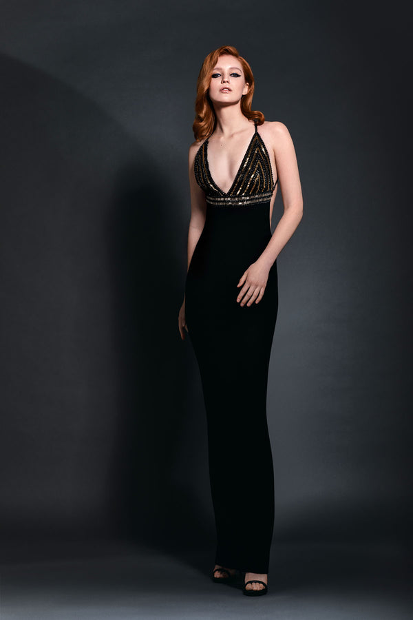 Black silk column dress with embroidered graphic bustier