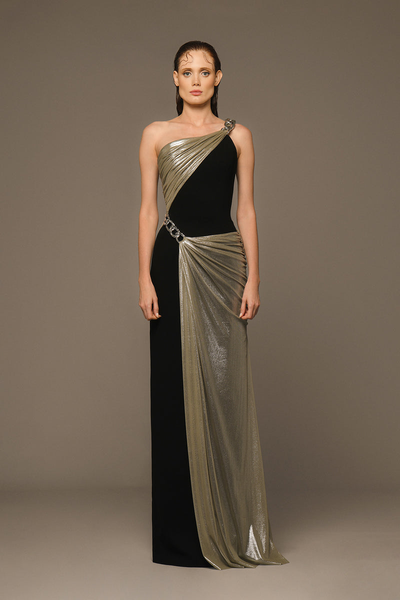 Black crêpe dress with silver draping in silk foiled tulle and chains