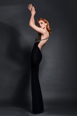 Backless black silk column dress with embroidered graphic bustier