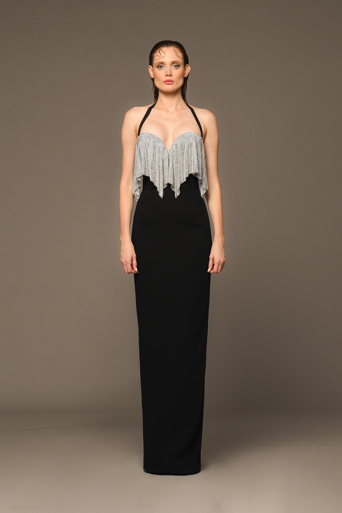 Black crêpe corseted dress with crystal chainmail