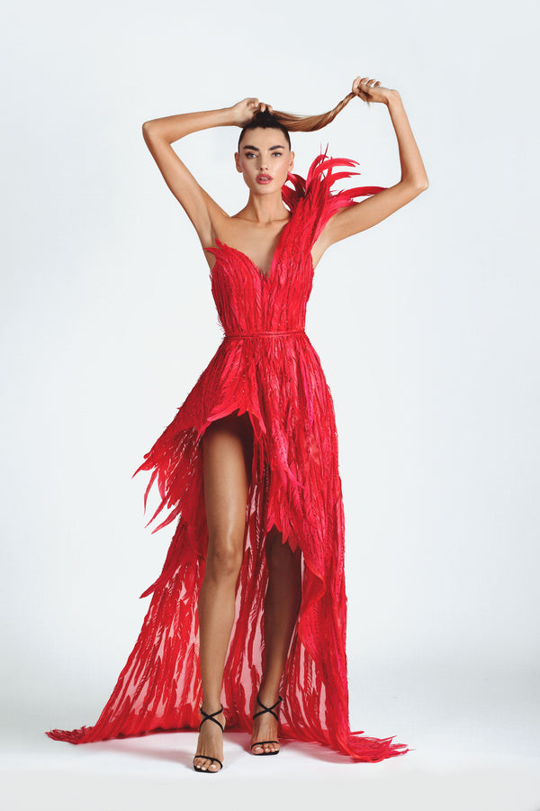 Swarovski crystal embroidered asymmetric dress in silk organza with an exploded shoulder and skirt volume, hand appliquéd with fiery red plumes