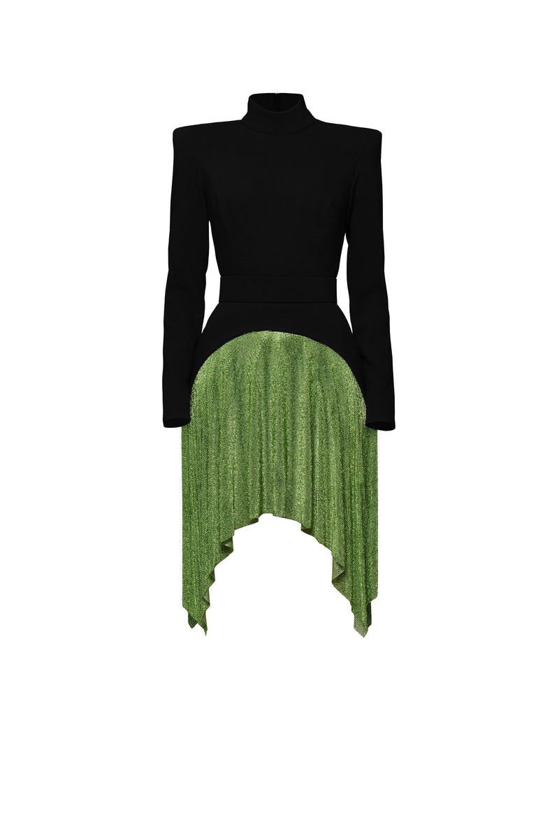 Long sleeved short black crêpe dress with green chainmail