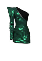 One shoulder green lamé mini dress