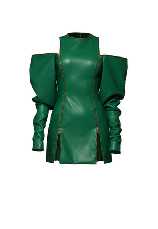 Green leather mini dress with deconstructed long sleeves and zippers