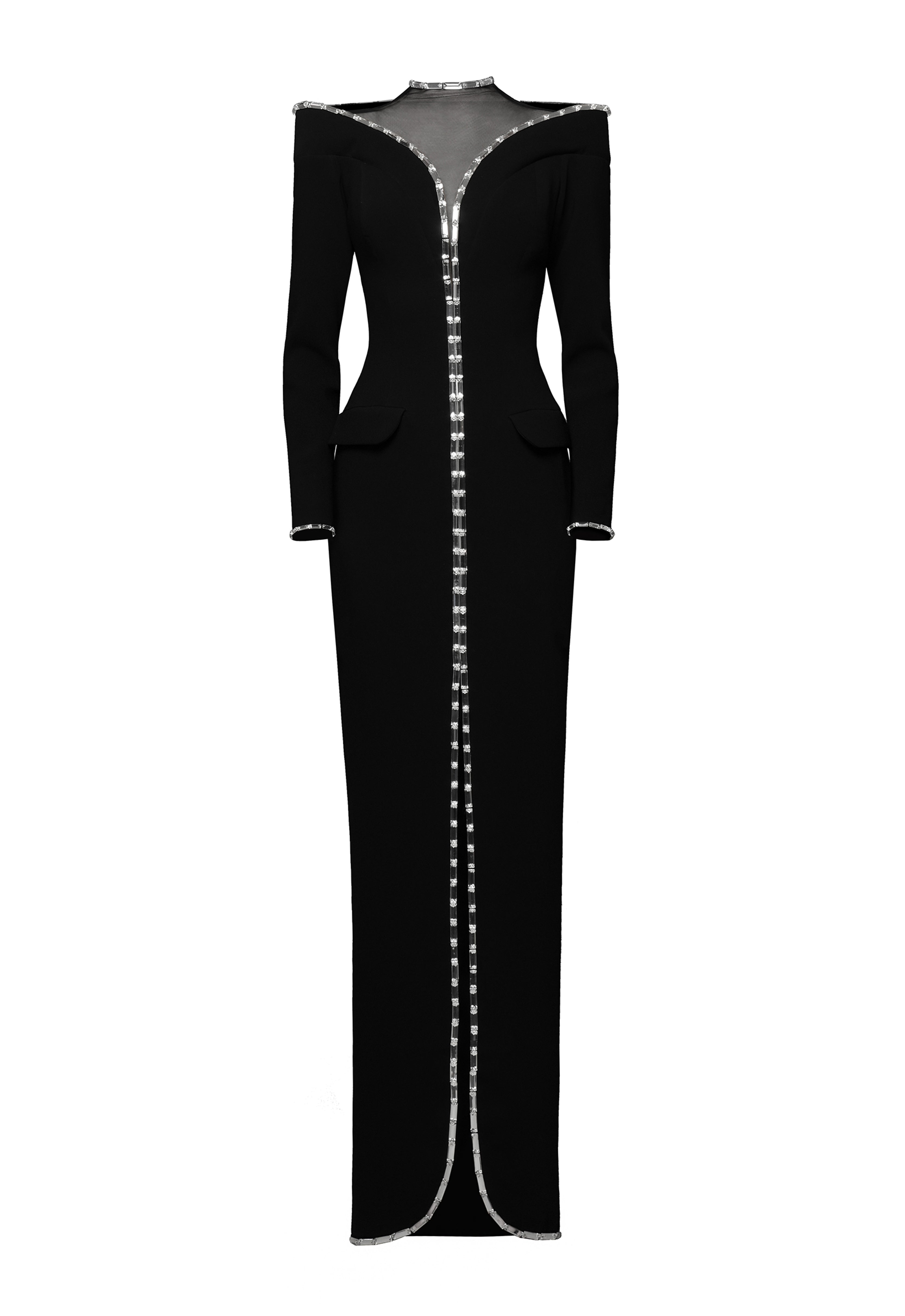 Black Crêpe Coat Dress with Crystal Baguettes Outline.