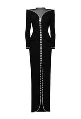 Straight cut black crêpe coat dress with crystal baguettes outline
