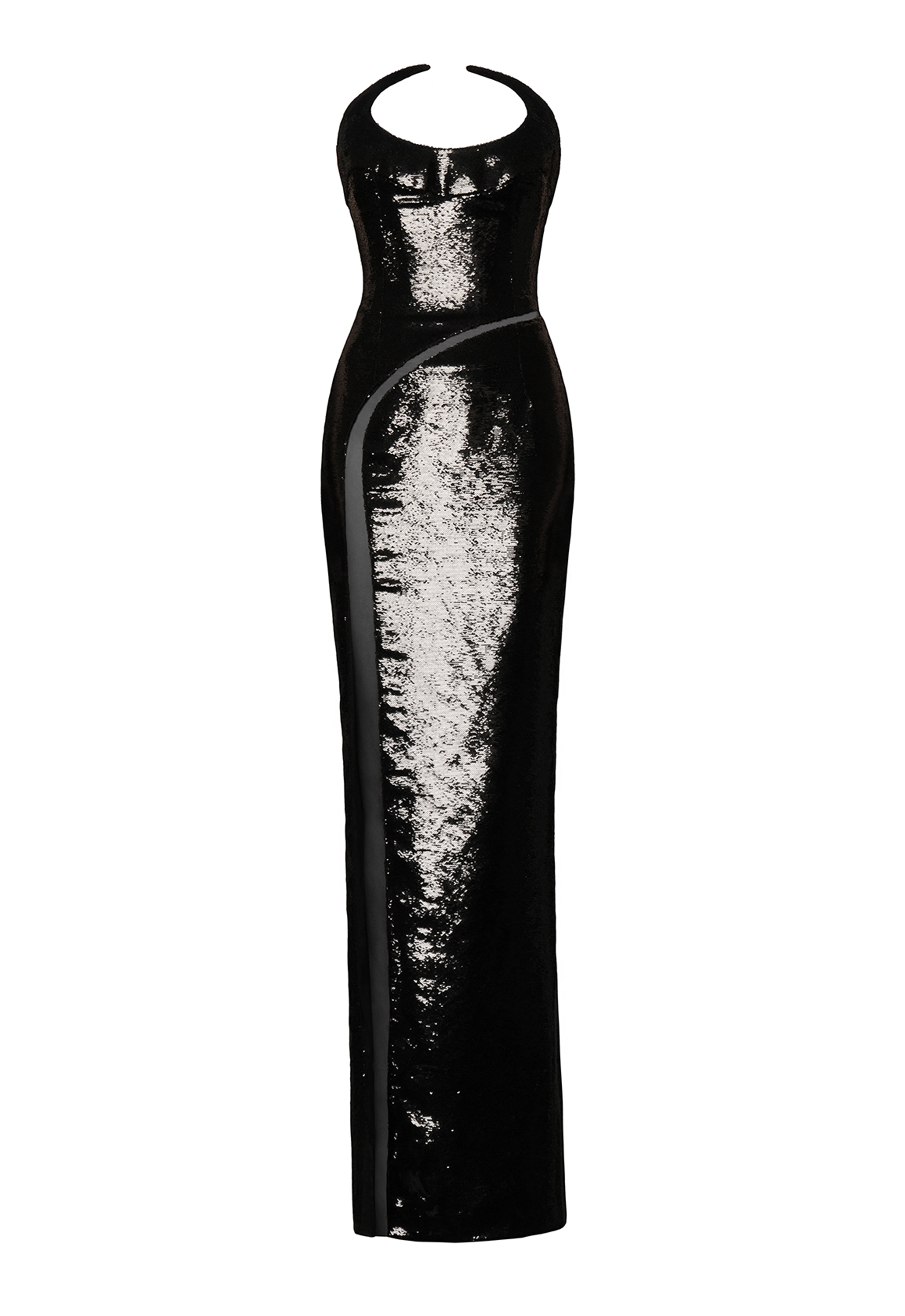 Structured black sequins dress with pointed neckline and sheer black tulle cutouts