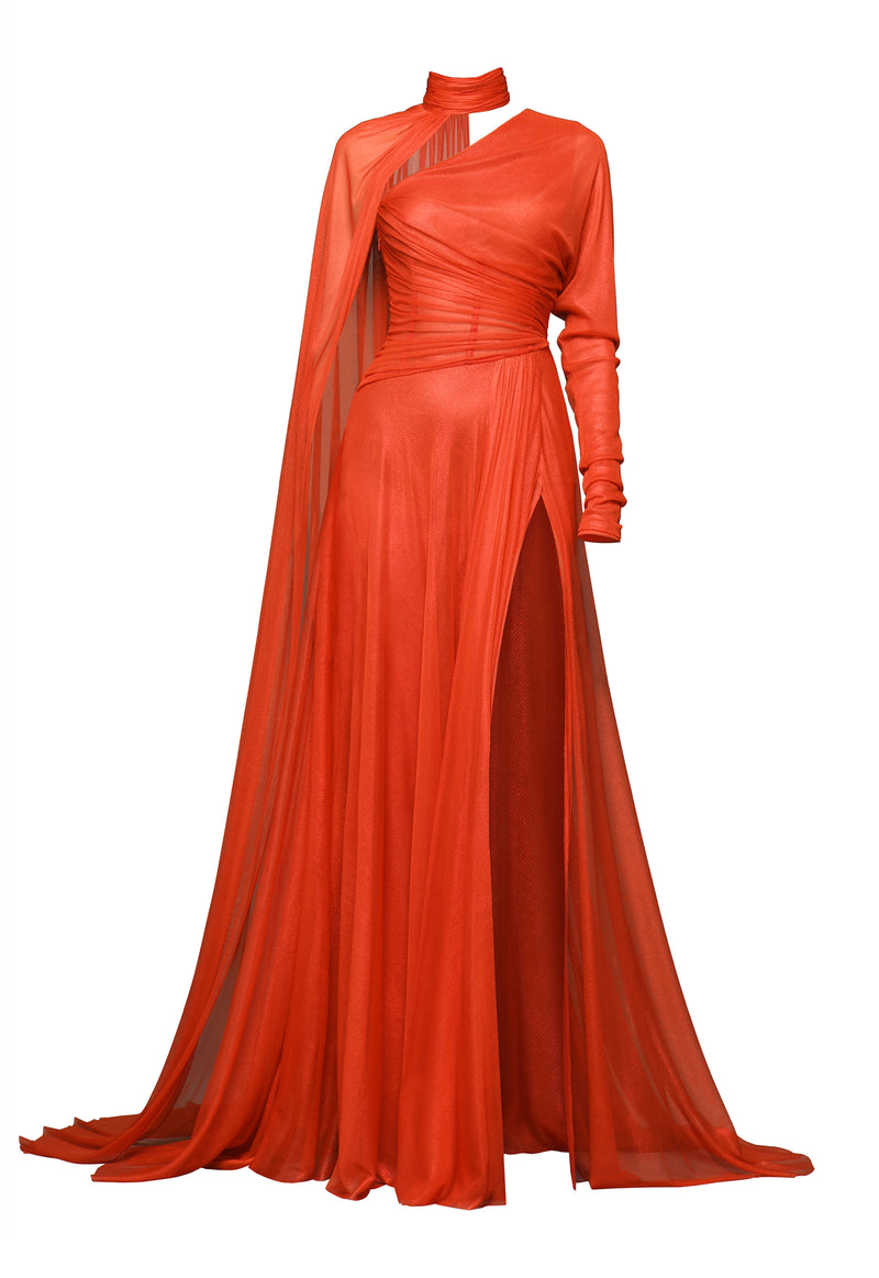 Orange red one-shouldered draped dress 