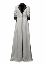 Long sleeved Ivory crushed taffeta shirt-dress with black contrasting lapel and cuffs