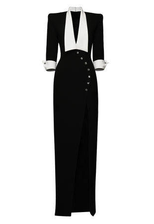 White and black double-breasted tailored coat dress