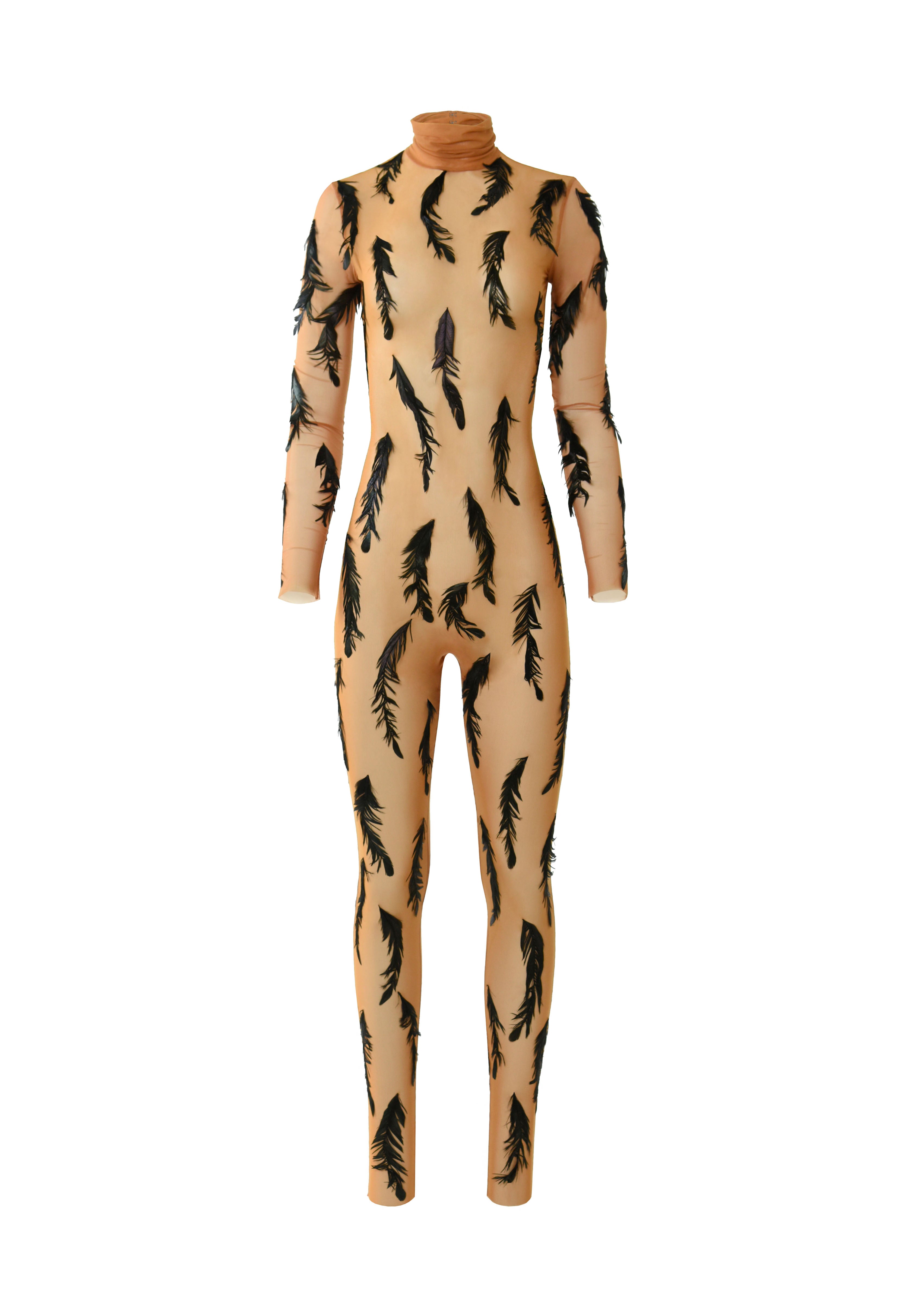 High necked nude tulle bodysuit with black plumes