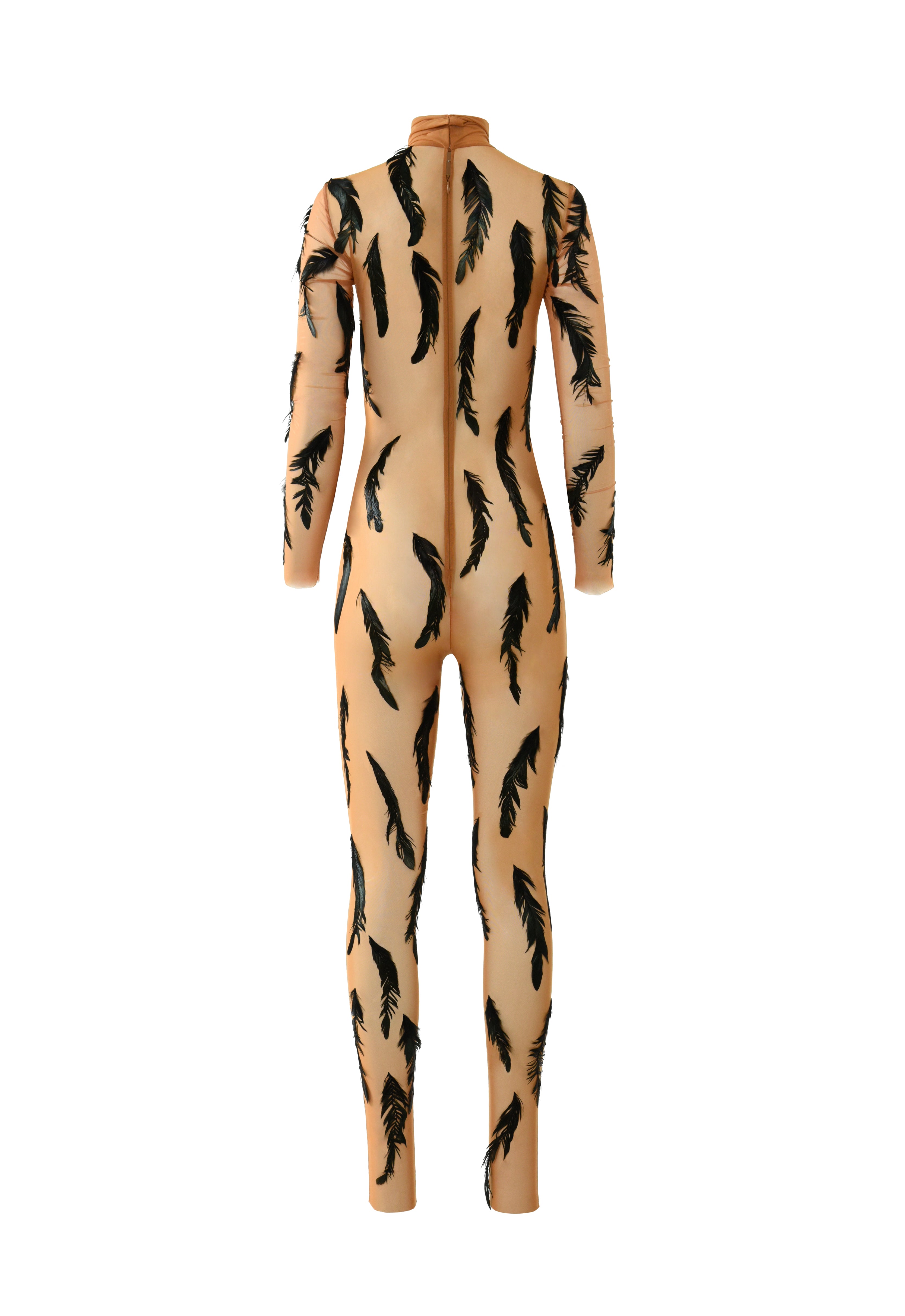 Long sleeved nude tulle bodysuit with black plumes