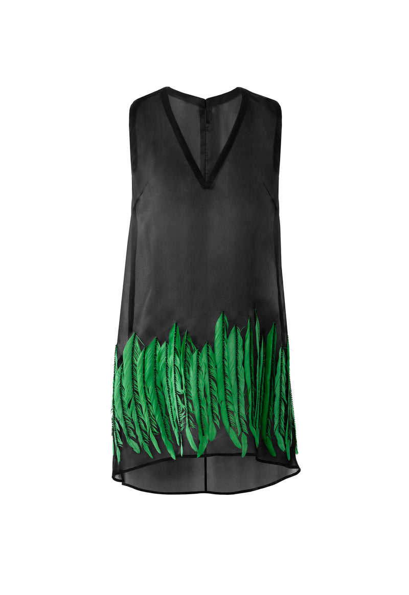 Black organza mini sheer dress with green feathers