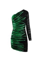 Black tulle asymmetrical mini dress with green feathers