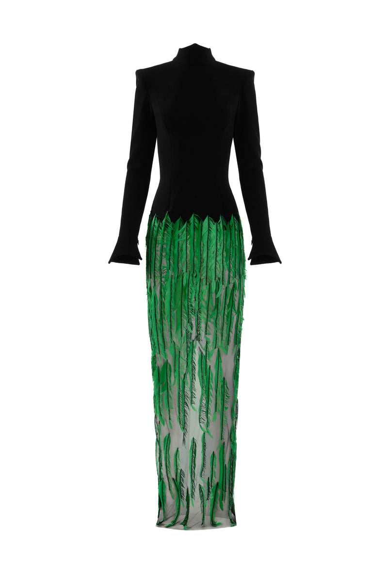 High neck fitted black crêpe dress with green feathers