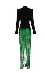 High neck long sleeved black crêpe dress with green feathers