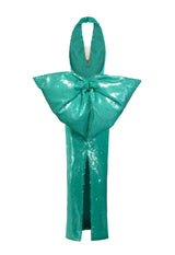 Haltered cowled neck aqua green sequined dress with bow