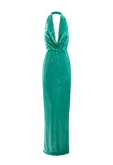 Halter necked aqua green sequined fitted dress