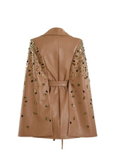 Nude cape coat with embroidered sleeves