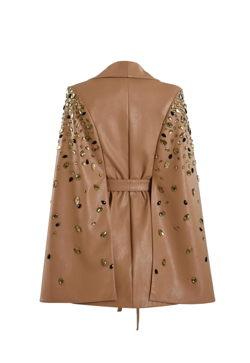 Nude cape coat with embroidered sleeves