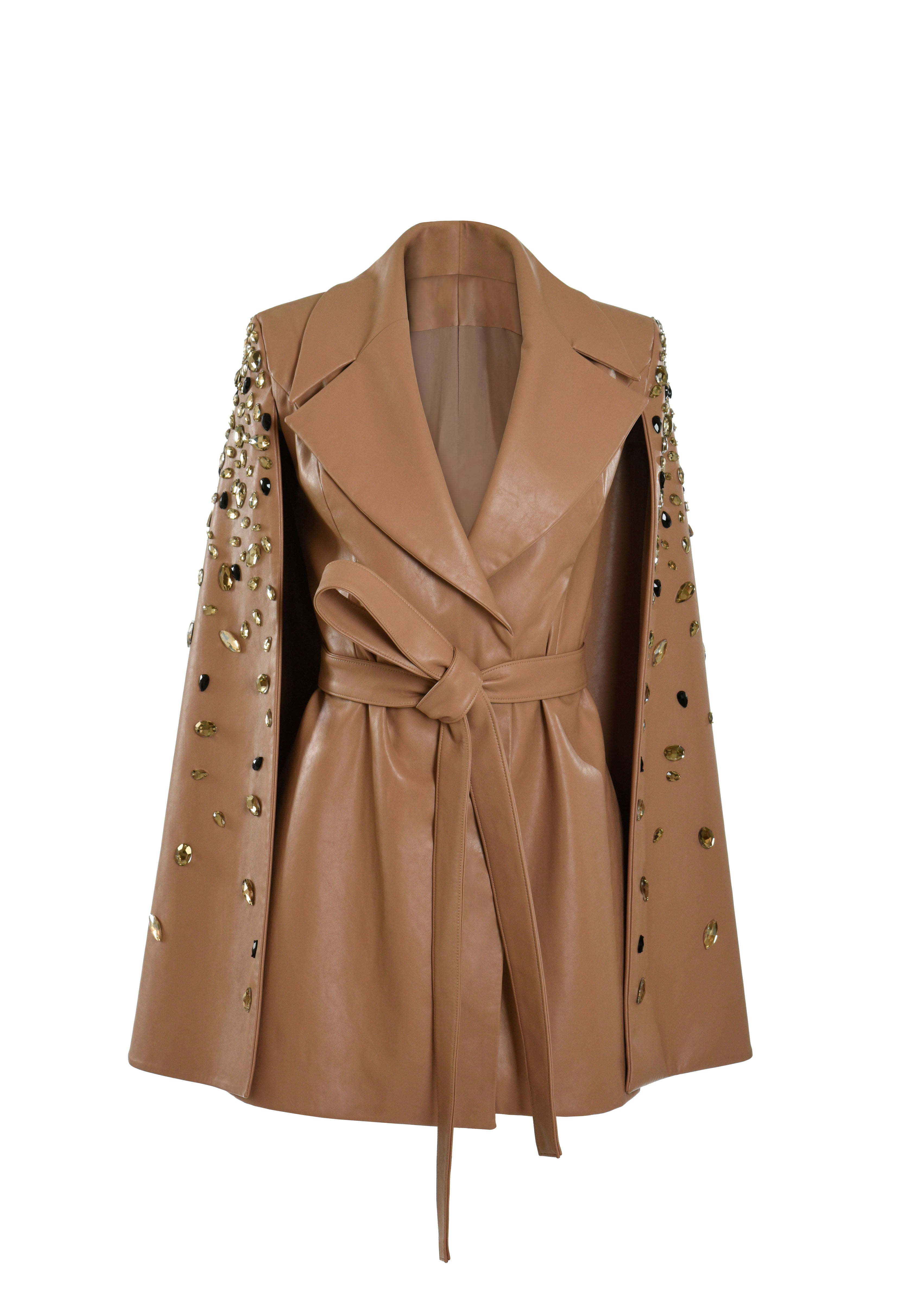 Nude cape coat with embroidered sleeves cape