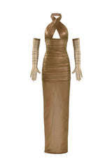 Bronze draped gold gown with gloves