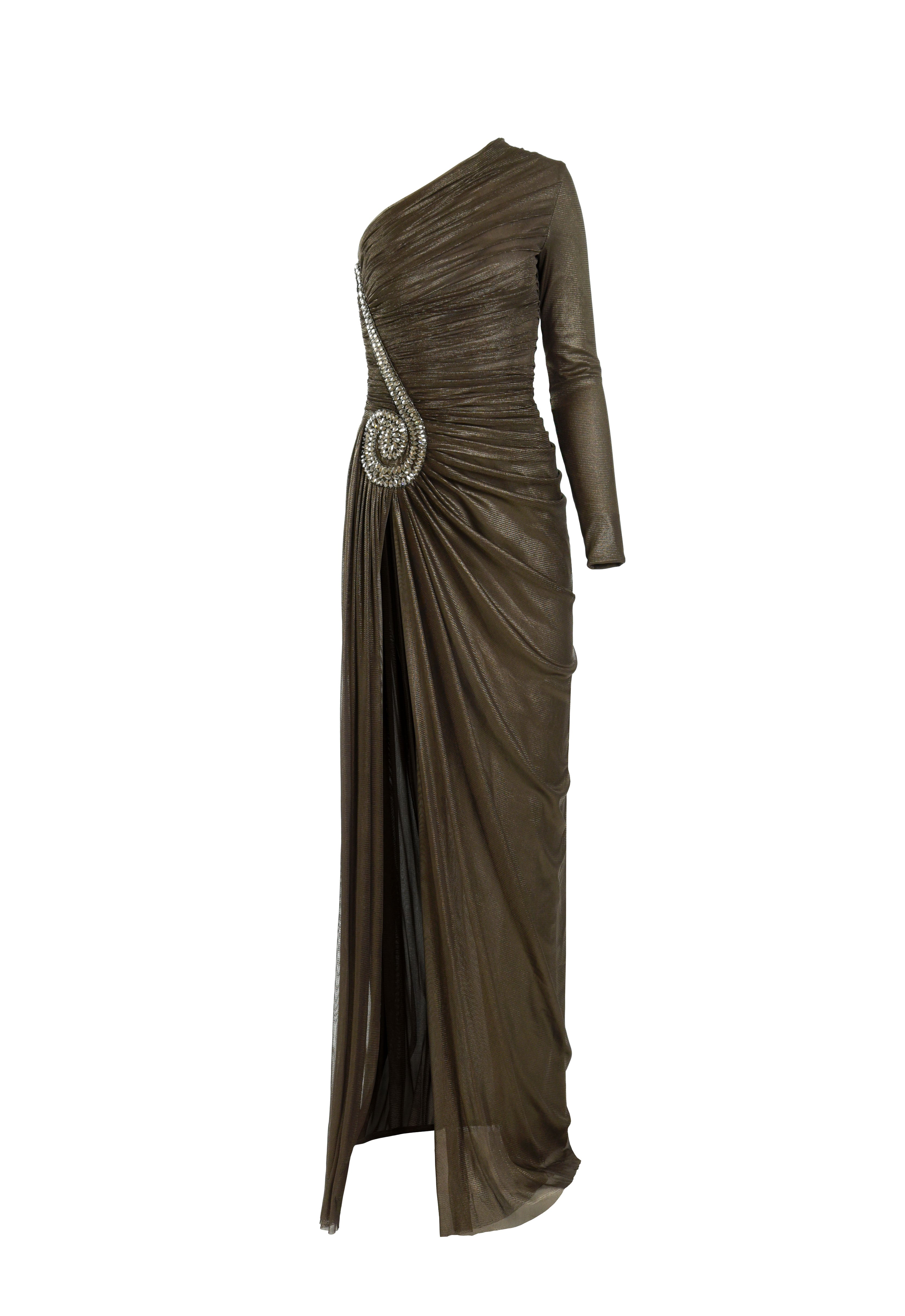 Asymmetrical draped dress with crystal beading