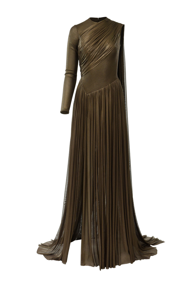 Asymmetric one sleeved bronze silk foiled tulle draped dress