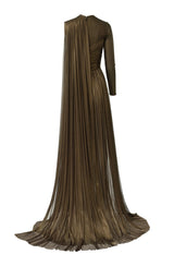 Bronze silk foiled tulle asymmetric draped dress