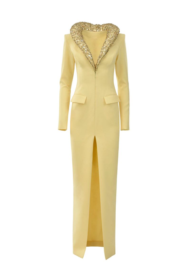 Light yellow coat dress with embroidered collar