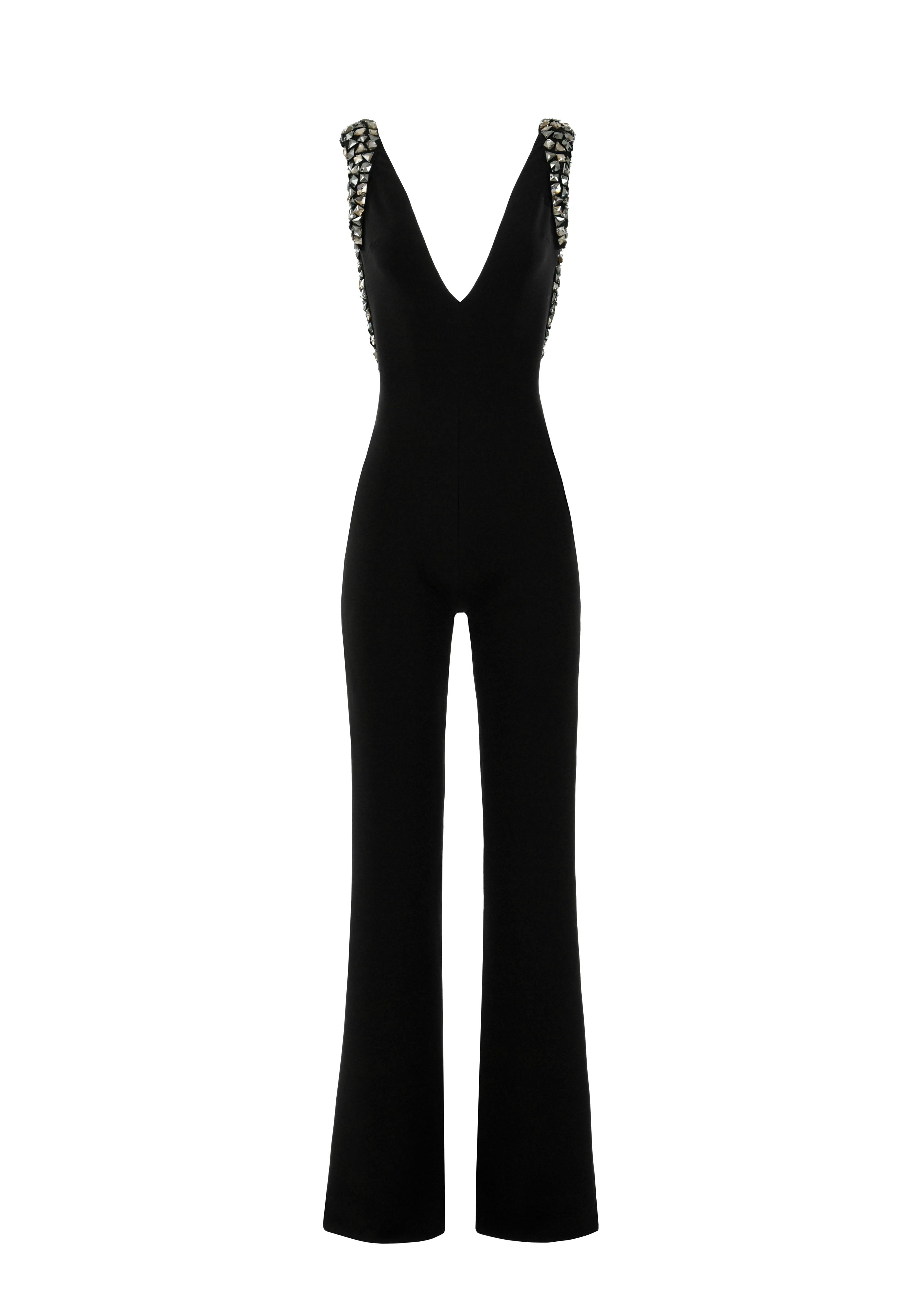 Black crêpe jumpsuit with crystal beading