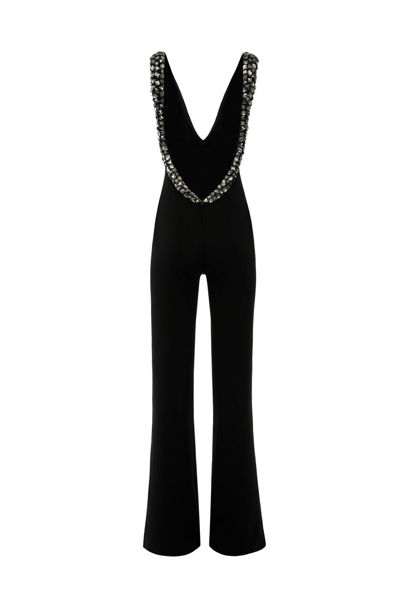 Black crêpe jumpsuit with crystal embroidery