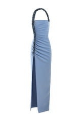 Beaded halter necked blue crêpe dress