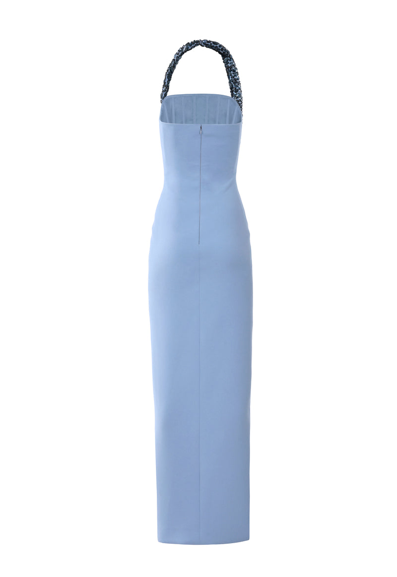 Halter necked blue crêpe dress
