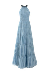 Blue chiffon tiered dress with beaded halter neckline
