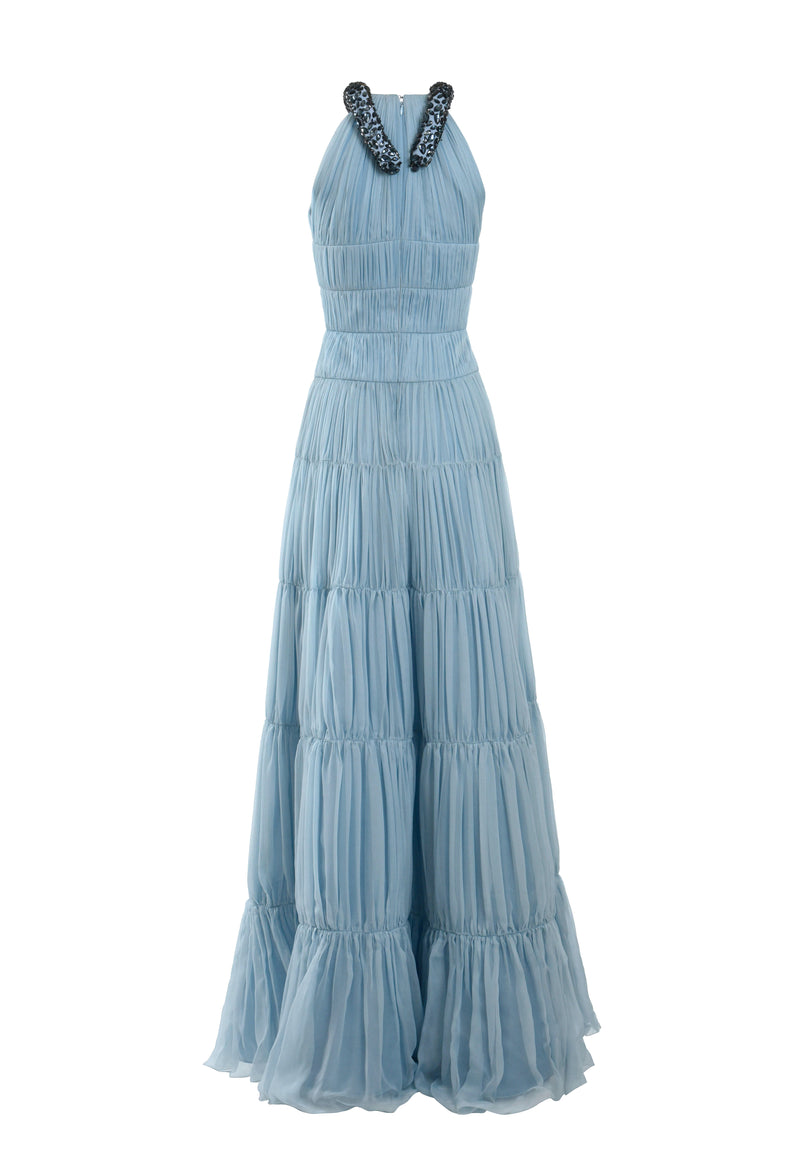 Beaded halter necked blue chiffon tiered dress