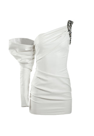 Asymmetrical white leather mini dress with crystal embroidery on sleeve