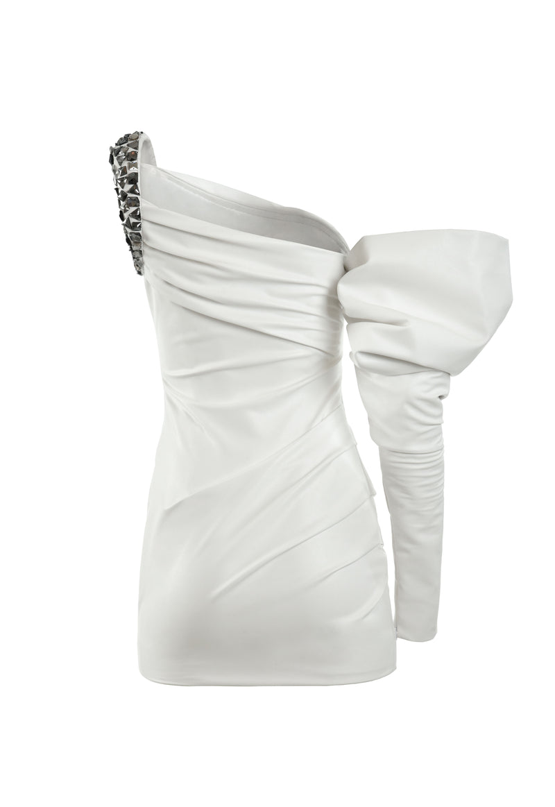 Asymmetrical white leather mini dress with crystal embroidery on shoulder