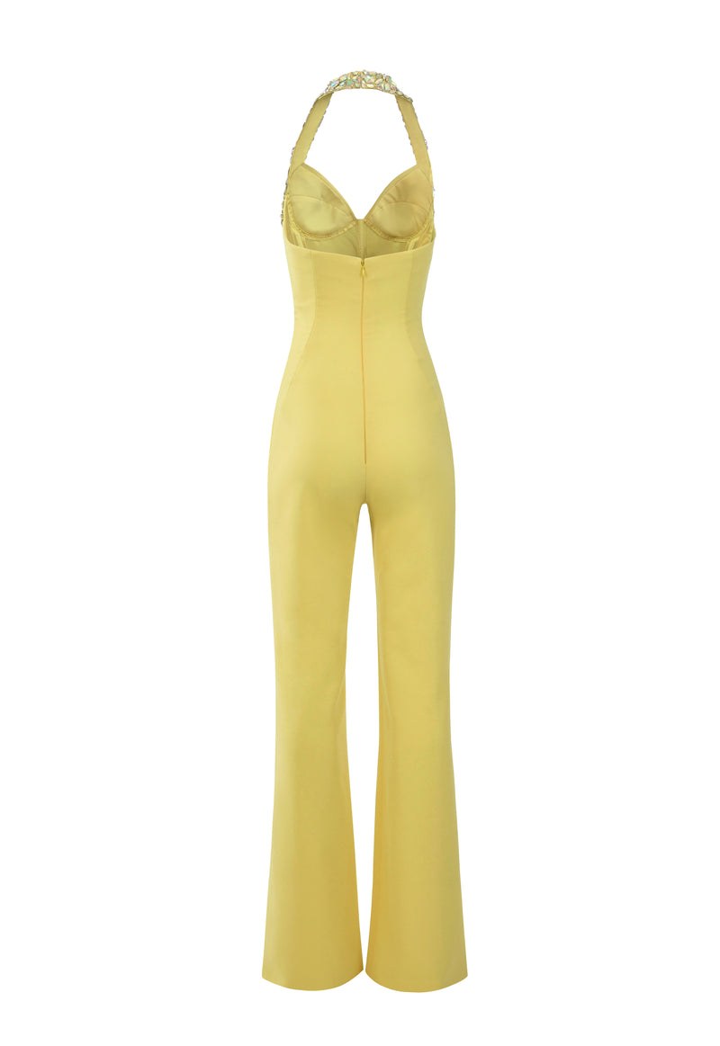 Yellow corseted jumpsuit with beading and open back