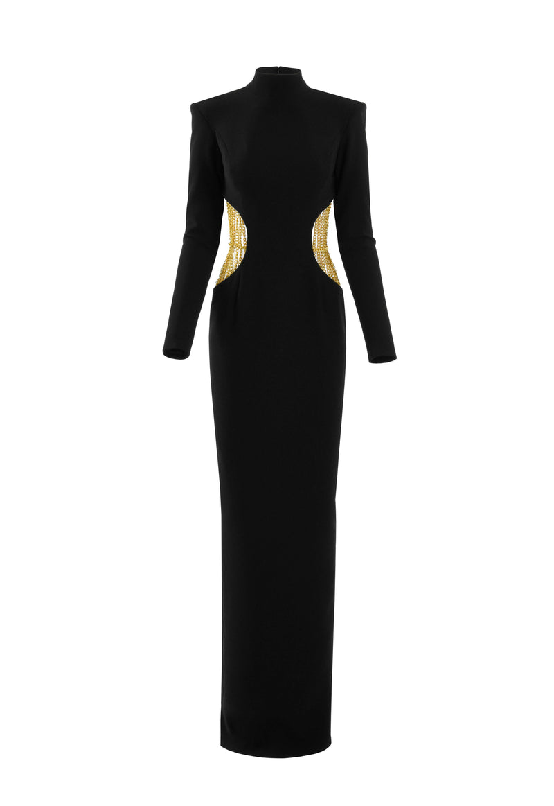 Long sleeved black crêpe column dress with golden chains