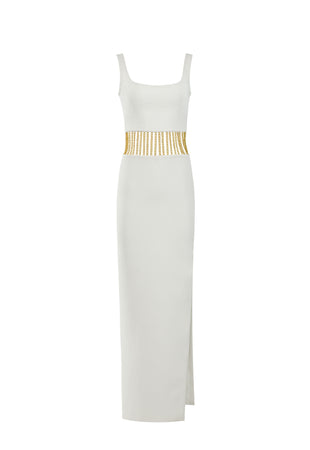 White silk crêpe dress with gold chained waist